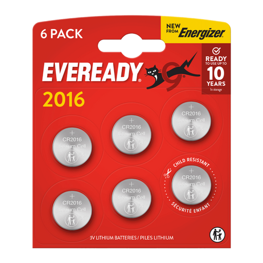 Eveready Lithium CR2016 Batteries Card of 6