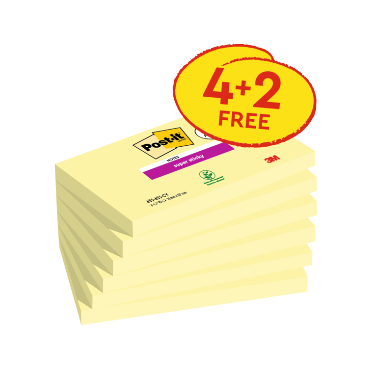 Post-it® Super Sticky Yellow Notes 76 mm x 127 mm 90 Sheets 4 Pads Plus 2 Free