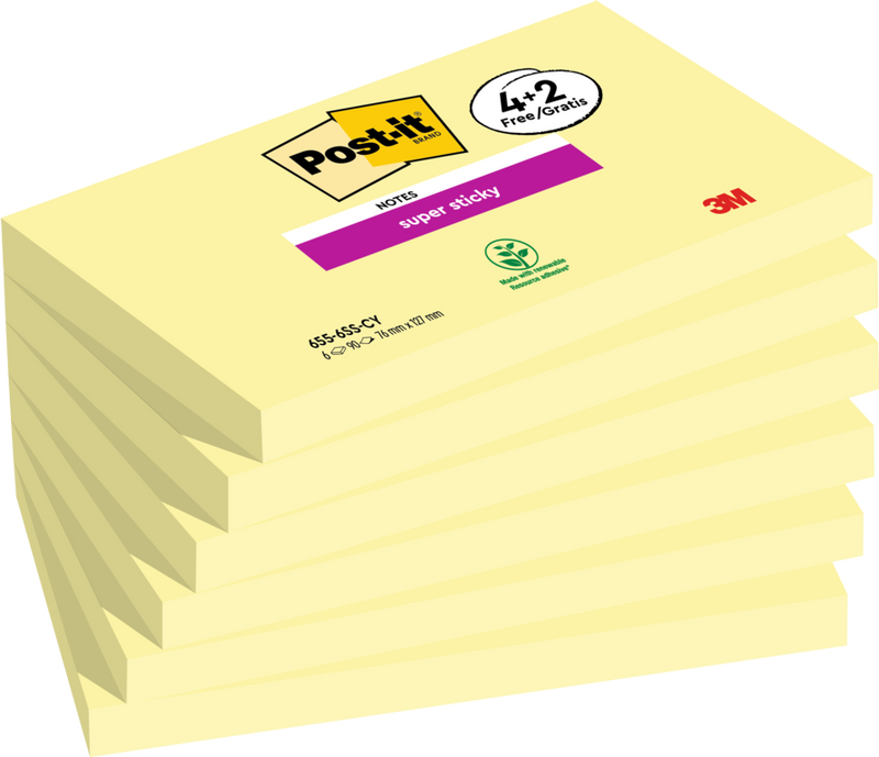 Post-it® Super Sticky Yellow Notes 76 mm x 127 mm 90 Sheets 4 Pads Plus 2 Free