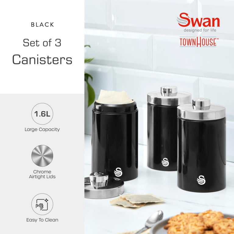 Swan Townhouse Canisters Set Of 3 Black 1.6L