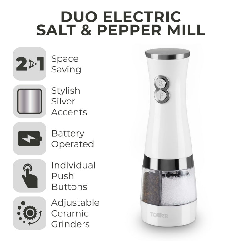 Tower Duo Electric Salt/Pepper Mill White