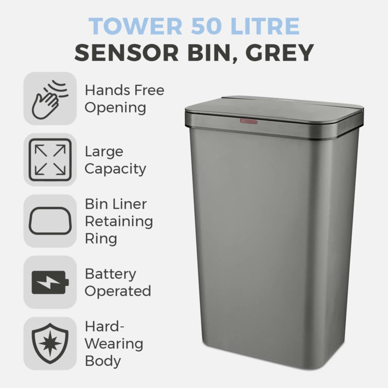 Tower 50L Rectangular Sensor Bin Grey