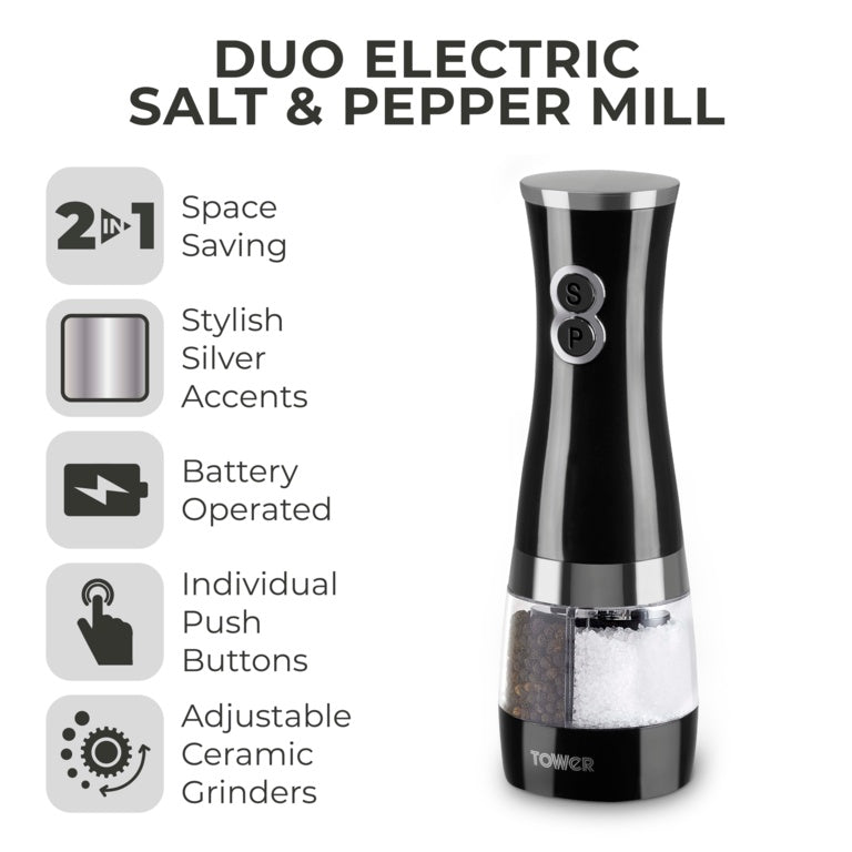 Tower Duo Electric Salt/Pepper Mill Black