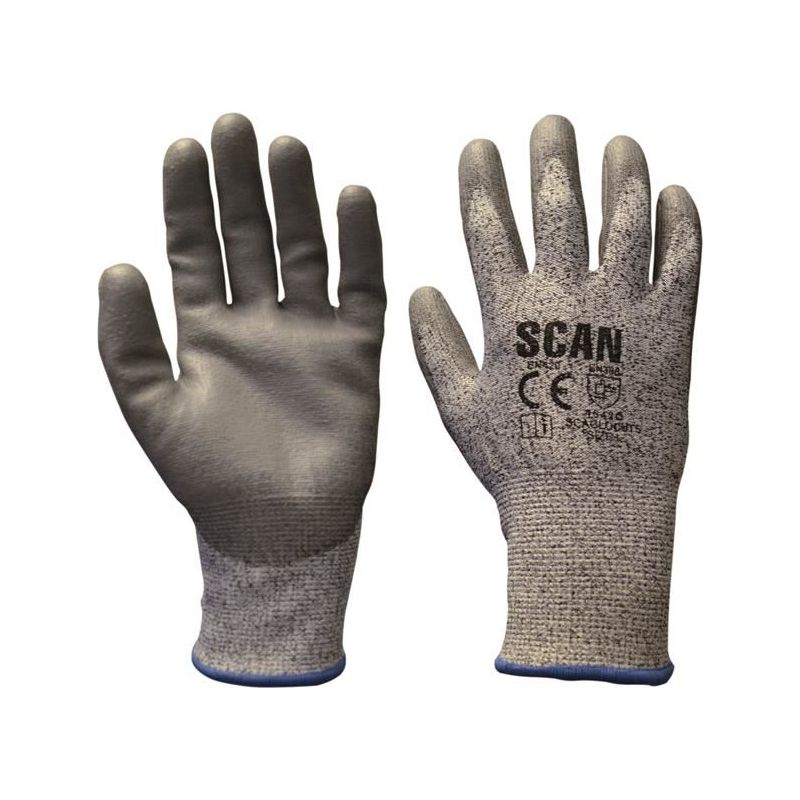 Scan Grey PU Coated Cut 5 Gloves - L (Size 9) Scan - RockBottom Nothampton