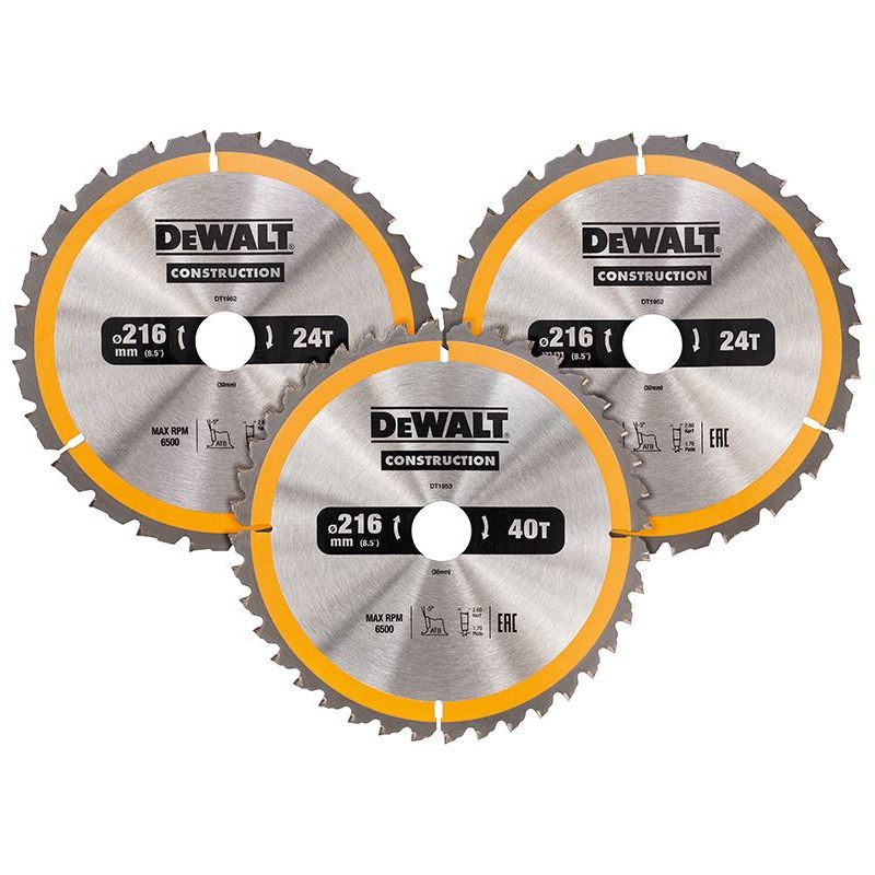 Dewalt Power Tools DT1962 Construction Circular Saw Blade 3 Pack 216 x 30mm 2 x 24T 1 x 40T DeWALT Power Tools - RockBottom Northampton