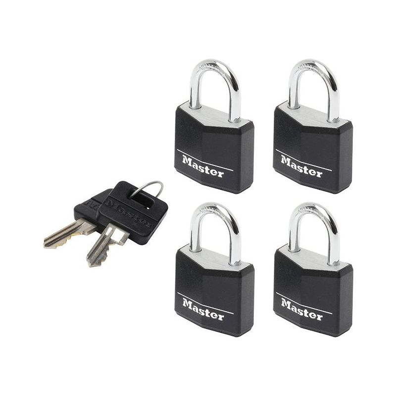 Master Lock Aluminium Black Vinyl Cover 20mm Padlock 3-Pin - Keyed Alike x 4 Master Lock - RockBottom Northampton