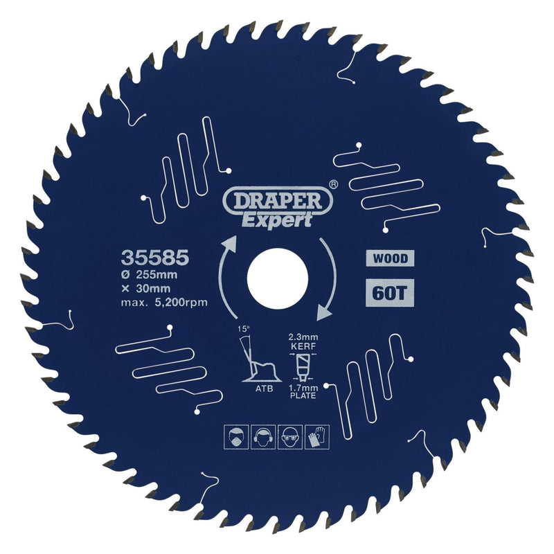Draper Expert TCT Circular Saw Blade for Wood with PTFE Coating, 255 x 30mm, 60T Draper - Town Tools 