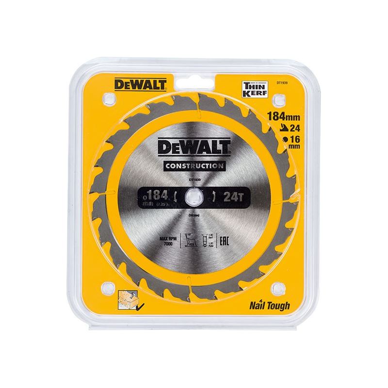 Dewalt Power Tools Portable Construction Circular Saw Blade 184 x 16mm x 24T DeWALT Power Tools - RockBottom Northampton