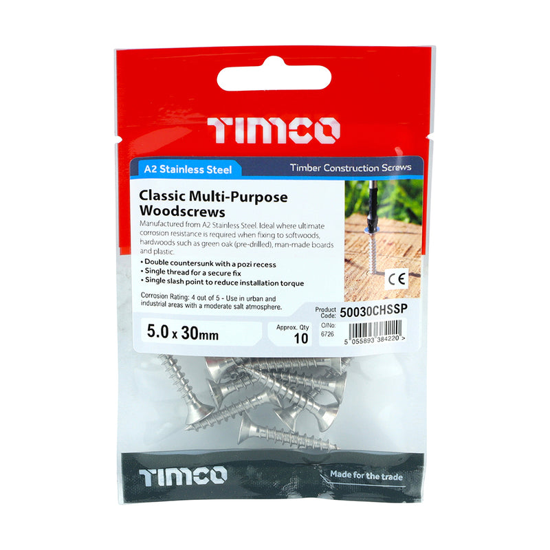 TIMCO Classic Multi-Purpose Countersunk A2 Stainless Steel Woodcrews — Trade Pack