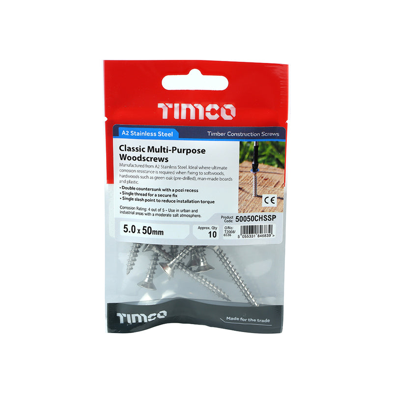 TIMCO Classic Multi-Purpose Countersunk A2 Stainless Steel Woodcrews — Trade Pack