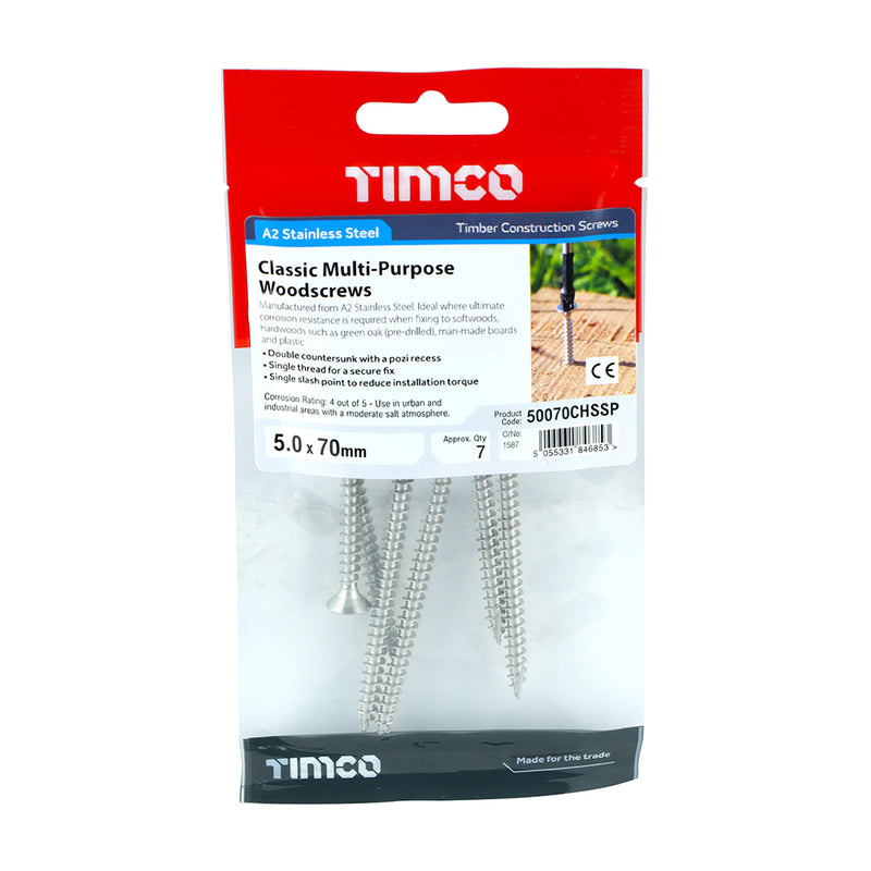 TIMCO Classic Multi-Purpose Countersunk A2 Stainless Steel Woodcrews — Trade Pack