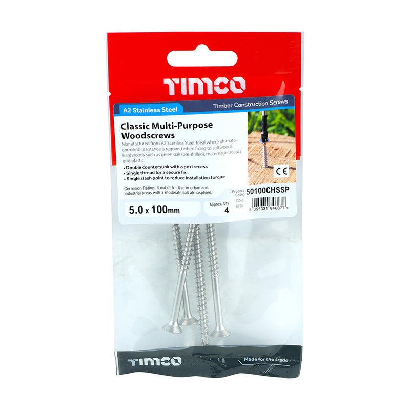 TIMCO Classic Multi-Purpose Countersunk A2 Stainless Steel Woodcrews — Trade Pack
