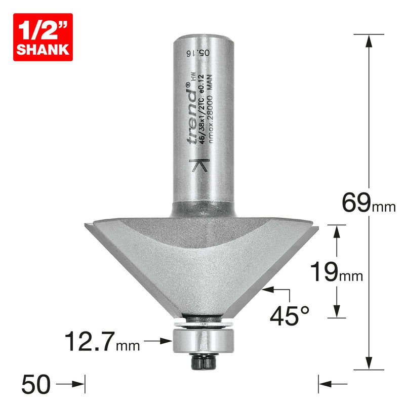 46/38X1/2TC - Bearing guided chamfer cutter 45 degrees