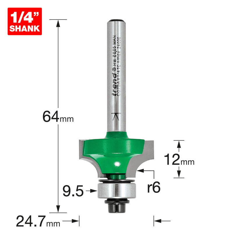 Trend C075AX1/4TC Rounding Over Router Bit 6mm Radius