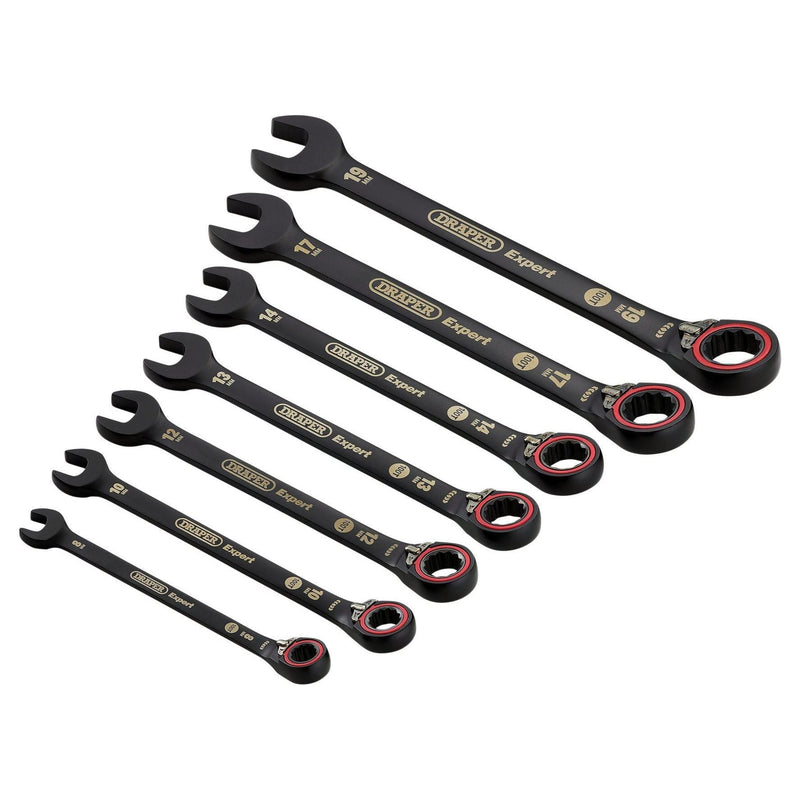 Draper Expert HI-TORQ Metric Reversible Ratchet Combination Spanner Set, Black (7 Piece) Draper - Town Tools