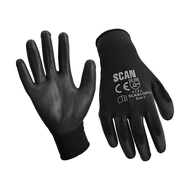 Scan Black PU Coated Gloves - XL (Size 10) (12 Pairs) Scan - RockBottom Nothampton