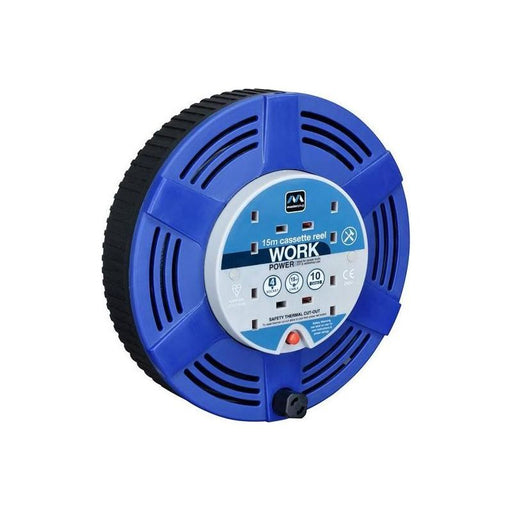 Masterplug Cassette Cable Reel 240V 10A 4-Socket Thermal Cut-Out Blue 15m Masterplug - RockBottom Northampton
