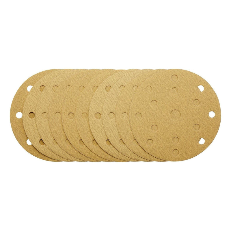 Gold Sanding Discs with Hook & Loop, 150mm, 180 Grit, 15 Dust Extraction Holes (Pack of 10) Draper - Town Tools