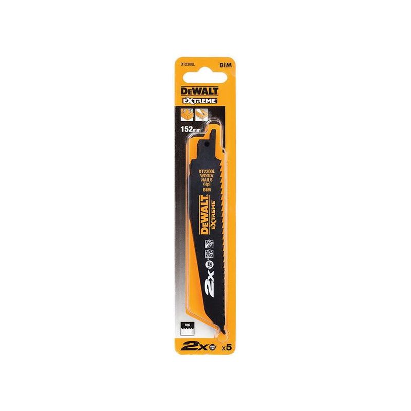 Dewalt Power Tools 2X Life Wood & Nail Reciprocating Blade 152mm x 6 TPI Pack of 5 DeWALT Power Tools - RockBottom Northampton