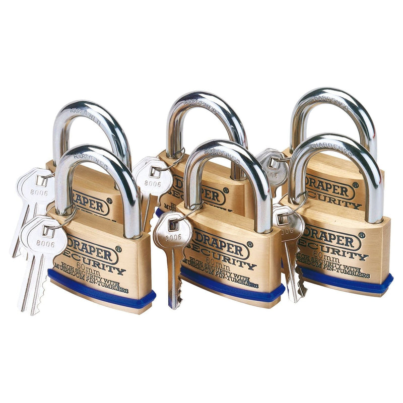 Draper Solid Brass Padlocks with Hardened Steel Shackle, 60mm (Pack of 6) 67663 Draper - Town Tools 