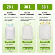 60 Snug Fit Bin liners 30L Drawstring Handle Bin Bags - Compatible with G' Size Bins