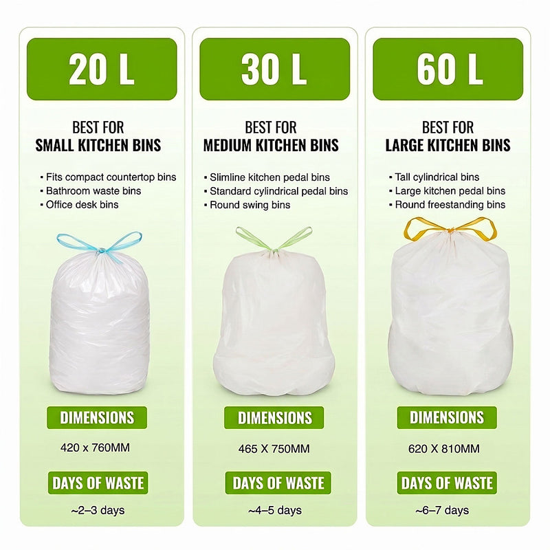 60 Snug Fit Bin liners Drawstring Handle Bin Bags - Compatible with F' & D' Size Bins