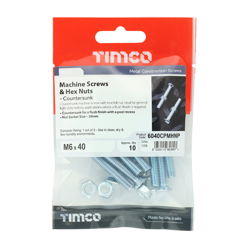 TIMCO Machine Countersunk Screws & Hex Nut Silver - M4 x 25