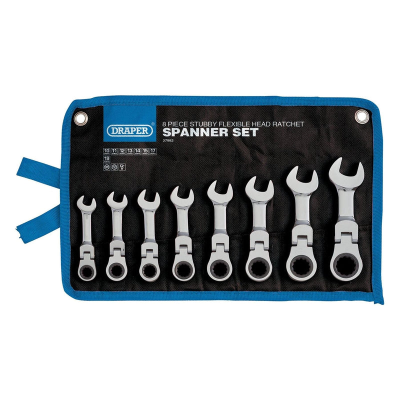 Draper HI-TORQ Metric Stubby Flexible Head Ratchet Combination Spanner Set (8 Piece) Draper - Town Tools