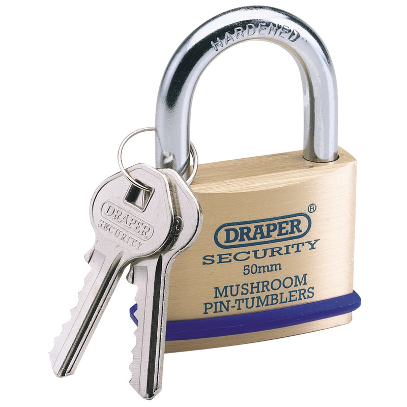 Draper 64162 Solid Brass Padlock and 2 Keys with Mushroom Pin Tumblers Hardened Steel Shackle and Bumper, 50mm
