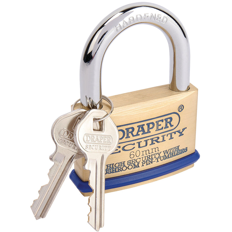 Draper 64163 Solid Brass Padlock and 2 Keys with Mushroom Pin Tumblers Hardened Steel Shackle and Bumper, 60mm