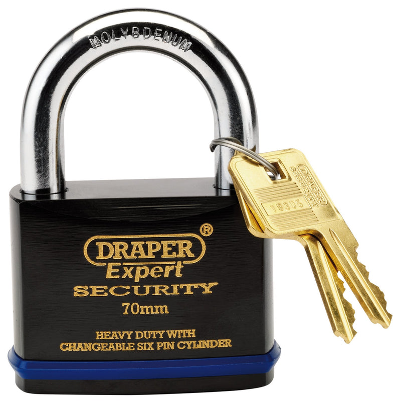 Draper 64195 Draper Expert Heavy Duty Padlock and 2 Keys with Super Tough Molybdenum Steel Shackle, 70mm