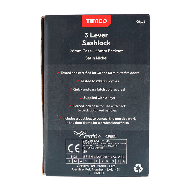 TIMCO 3 Lever Satin Nickel Mortice Sashlock 65mm Case 45mm Backset