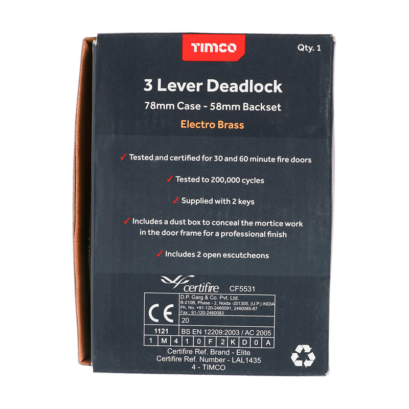 TIMCO 3 Lever Deadlock Satin Nickel - 65mm