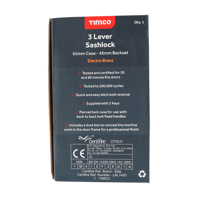 TIMCO 3 Lever Satin Nickel Mortice Sashlock 65mm Case 45mm Backset