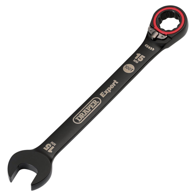 Draper Expert HI-TORQ Metric Reversible Ratchet Combination Spanner, 15mm, Black Draper - Town Tools