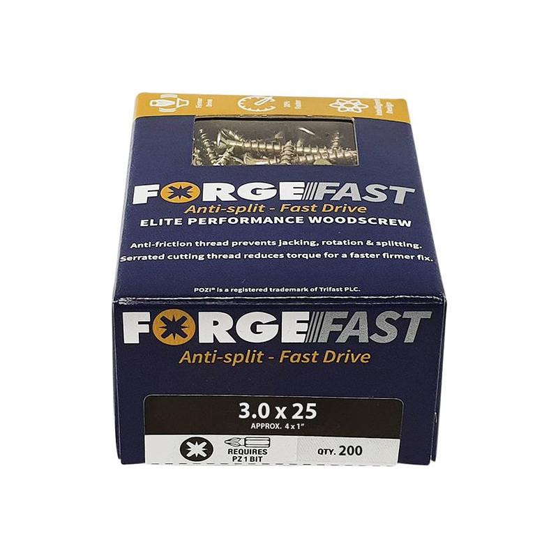 Forgefix ForgeFast Pozi Compatible Elite Performance Wood Screw ZY 3.0 x 25mm Box 200 ForgeFix - RockBottom Northampton