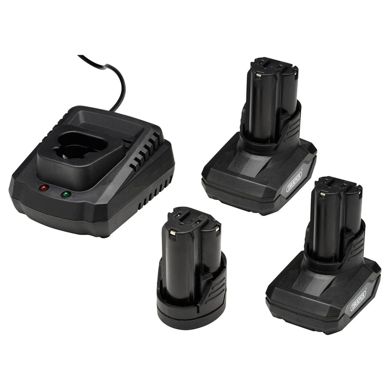 12V Drill Drive and Ratchet Interchange Kit, 2 x 4.0Ah Li-ion Battery, 1 x 1.5Ah Li-ion Battery, 1 x Fast Charger, 1 x Tool Bag Draper - Town Tools