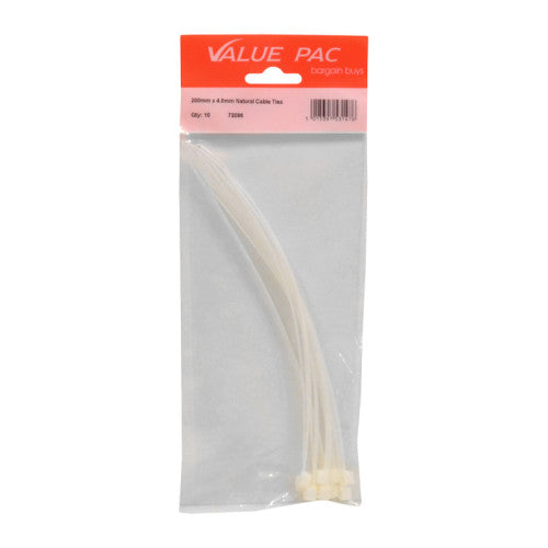 200mm x 4.8mm Natural Cable Ties 10pk