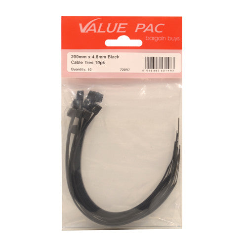 200mm x 4.8mm Black Cable Ties 10pk