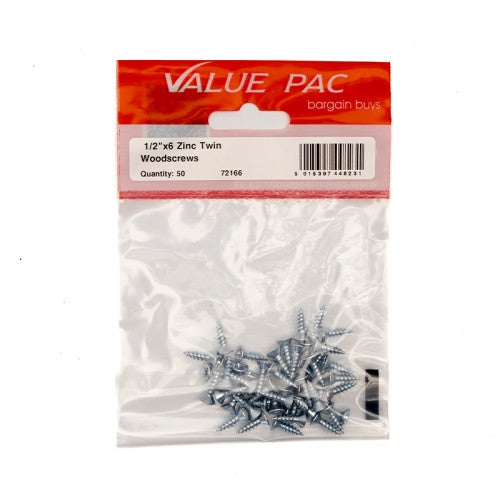 1/2" x 6 ZP Cross Recessed Hardened Twin Thread Woodscrews with Countersunk Head (Pack of 50)