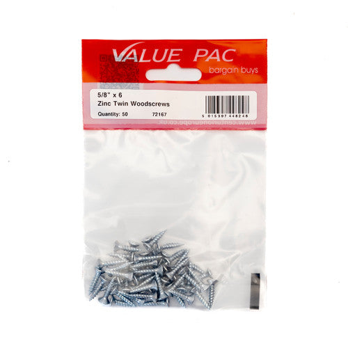 5/8" x 6 ZP Cross Recessed Hardened Twin Thread Woodscrews with Countersunk Head (Pack of 50)