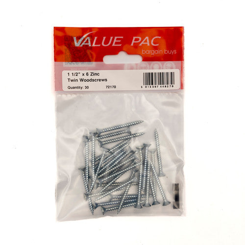1 1/2" x 6 ZP Cross Recessed Hardened Twin Thread Woodscrews with Countersunk Head (Pack of 30)