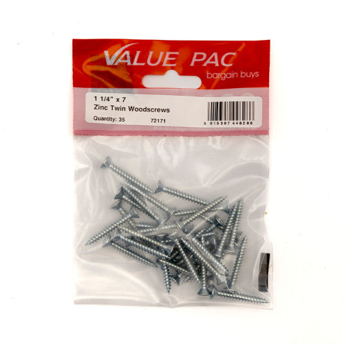 1 1/4" x 7 ZP Cross Recessed Hardened Twin Thread Woodscrews with Countersunk Head (Pack of 35)