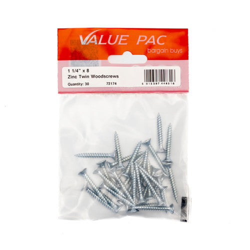 1 1/4" x 8 ZP Cross Recessed Hardened Twin Thread Woodscrews with Countersunk Head (Pack of 30)