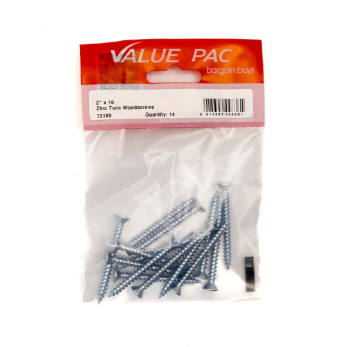 2" x 10 ZP Cross Recessed Hardened Twin Thread Woodscrews with Countersunk Head (Pack of 14)