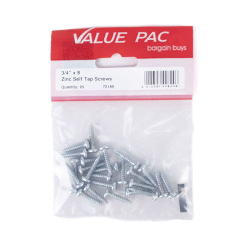 3/4" x 8 ZP Pan Head Self Tapping Screws 25pk