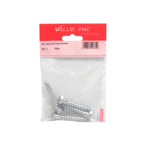 M8 x 50mm ZP Coach Screws (Pack of 4)