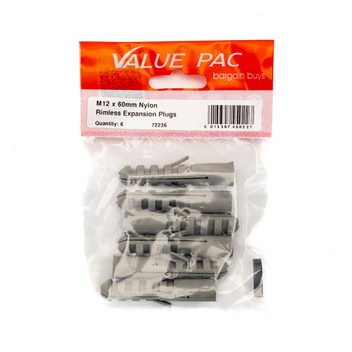 M12 x 60mm Nylon Rimless Expansion Plugs (Pack of 6)