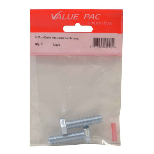 M10 x 40mm Hex Head Set Screws (Pack of 2)