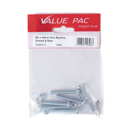 M5 x 40mm ZP Machine Screws & Nuts (Pack of 6)